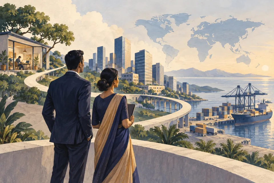 Illustration of business planning across offices, transport links and an international port.