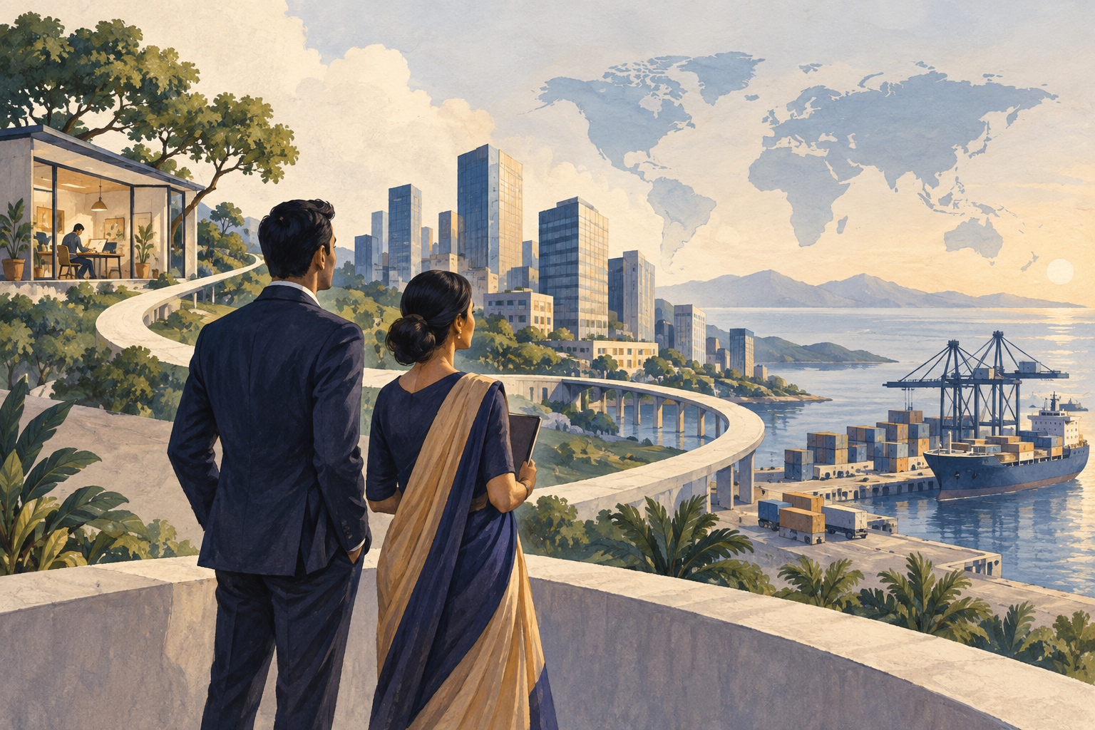Illustration of business growth connecting offices and international trade.