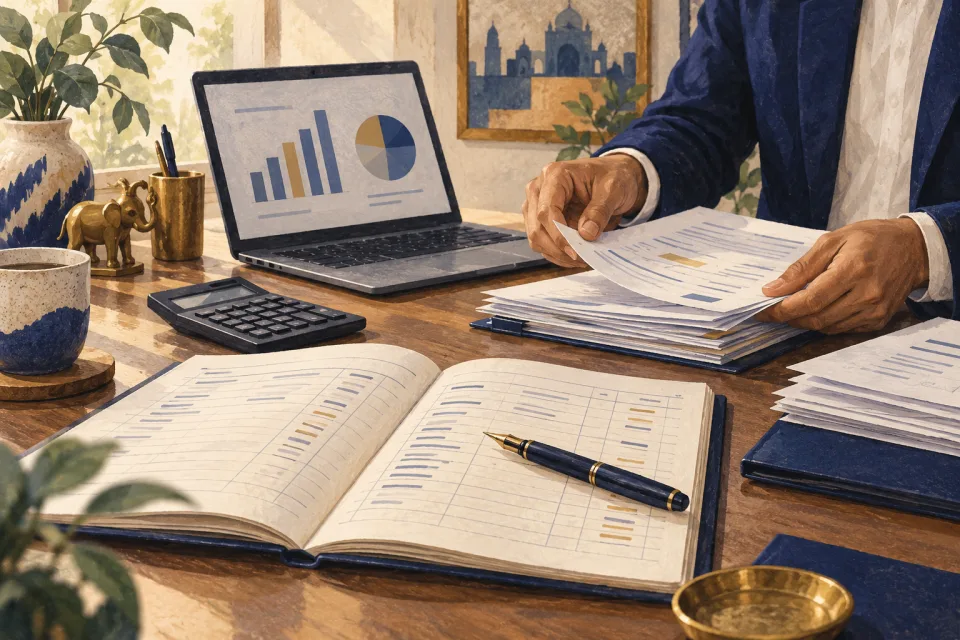 Illustration of a ledger, financial reports and a laptop used to review accounts.