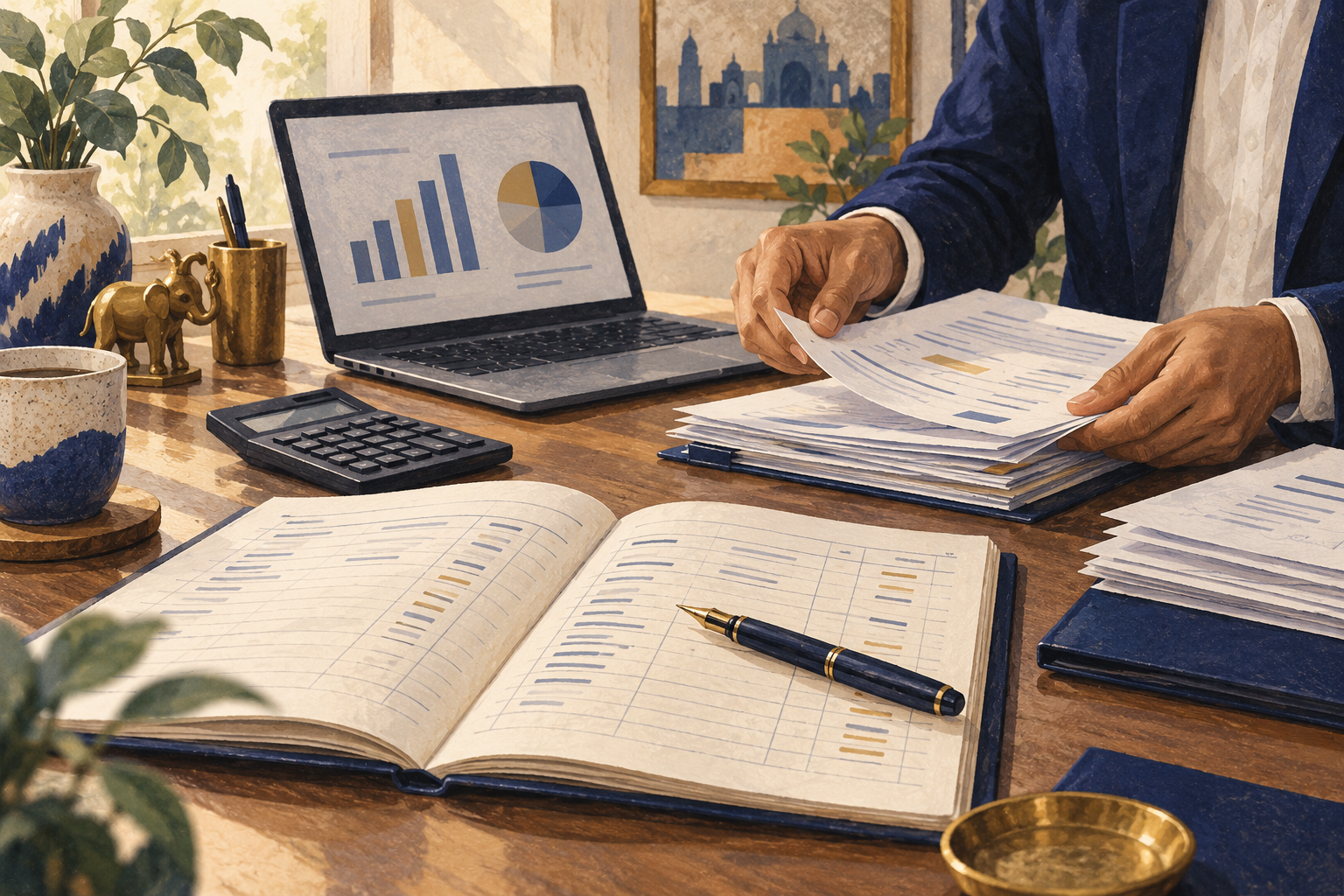 Illustration of financial records, a ledger and a business report.