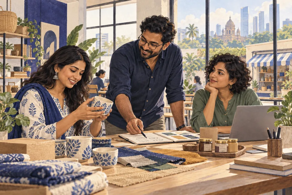 Illustration of business owners reviewing product samples and plans.