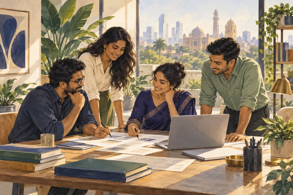 Illustration of a business team discussing plans around a shared table.