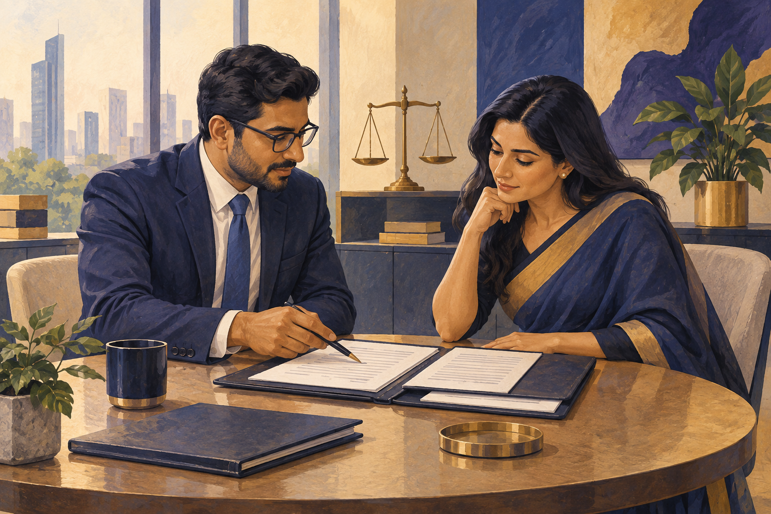 Illustration of two professionals reviewing an agreement.