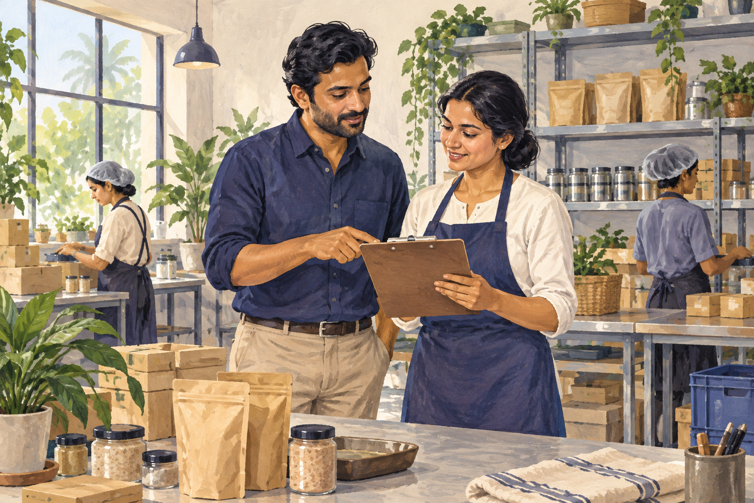 Illustration of a small business team reviewing production records.