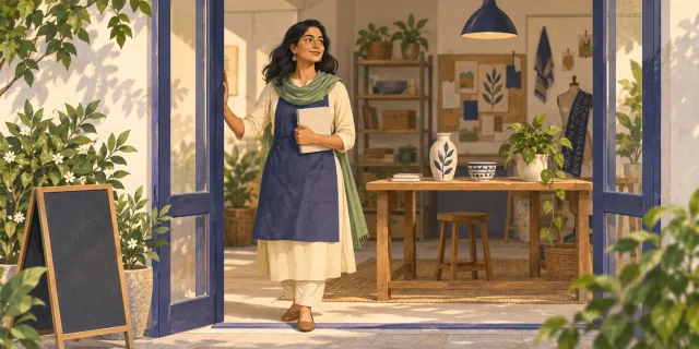 Illustration of an entrepreneur opening her design and product studio.