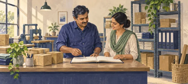 Illustration of a business owner and colleague reviewing records in their workshop.