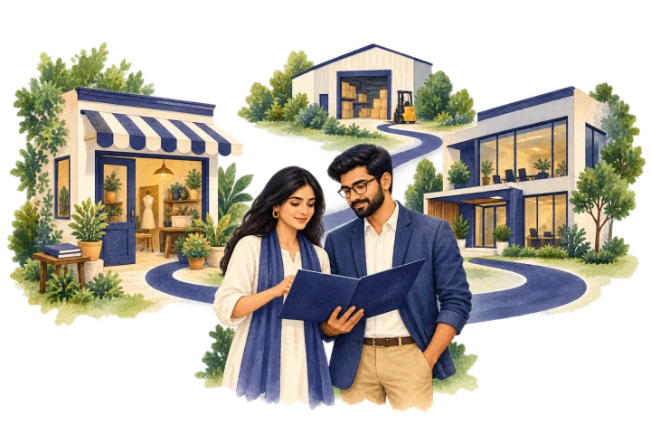 Illustration of two entrepreneurs reviewing a plan, with a path connecting a shop, office and warehouse.